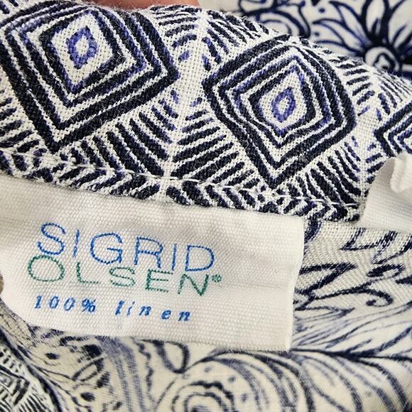 Sigrid Olsen Tunic Top Size Large Blue Floral 3/4 Sleeve 100% Linen V Neck Beach - Picture 9 of 11